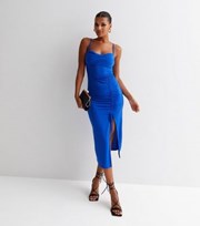 New Look Blue Cowl Neck Ruched Strappy Midi Bodycon Dress